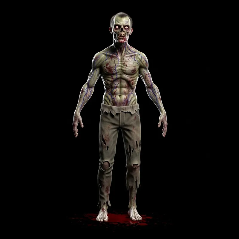 Realistic 3D Zombie with Green Skin, Tattered Clothes, and Intense Thirst for Blood