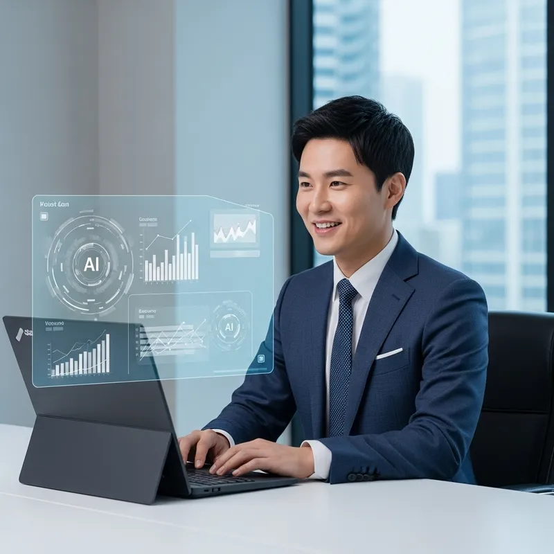 East Asian Businessman Utilizing AI Tools in Modern Office Setting