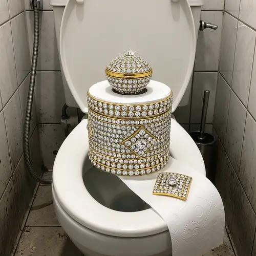 Luxurious Diamond and Gold Embellished Toilet Paper in Grimy Setting