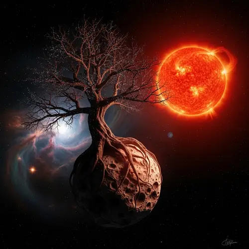 Tree in Outer Space with Red Dwarf Star Background
