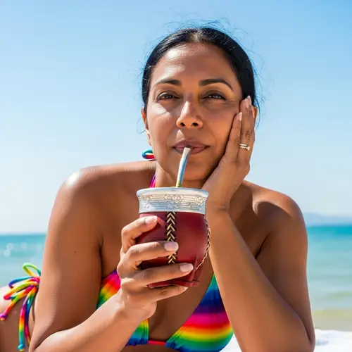 Peaceful Beach Day: South Asian Woman Enjoying Yerba Mate Tea