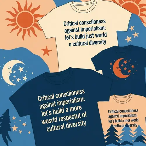 Nature Symbols T-Shirts: Sun, Moon, Stars in Warm Tones on Blue