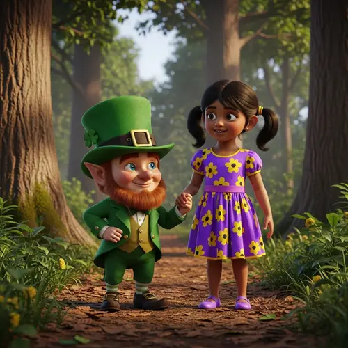 Enchanting Encounter in a Lush Forest - Leprechaun and South Asian Girl