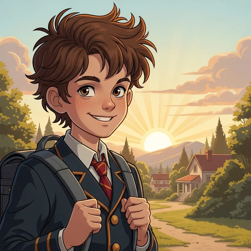 Cheerful Boy with Tousled Brown Hair in School Uniform and Backpack Cheerful Boy with Tousled Brown Hair in School Uniform and Backpack