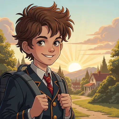 Cheerful Caucasian Boy in School Uniform with Backpack