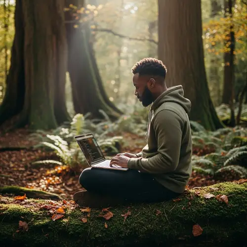 Black Man Using Laptop in Forest - Nature Technology Connection