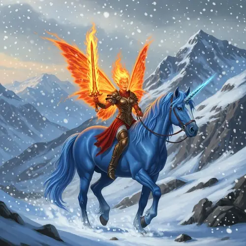 Mystical Fire Fairy Riding Blue Unicorn with Flaming Sword