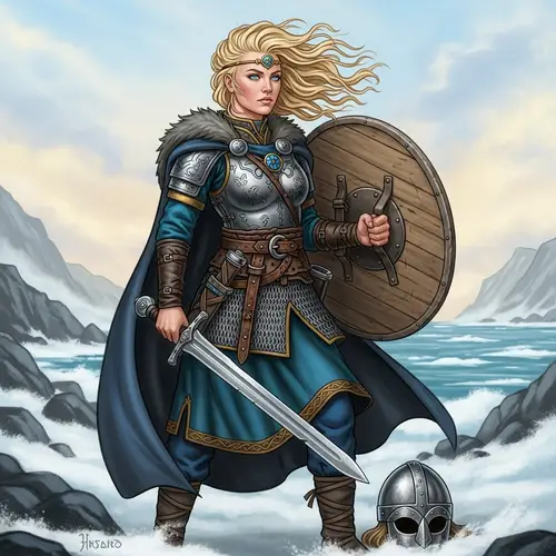 Nordic Viking Woman: Neotraditional Art with Sword and Shield