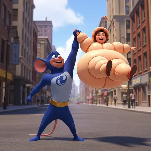 Superhero Minnie Mouse Saving Woman in Inflated Outfit