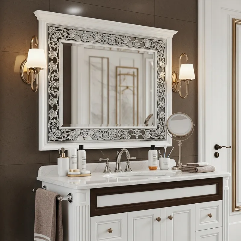 White & Brown Bathroom Vanity with Decorative Mirror