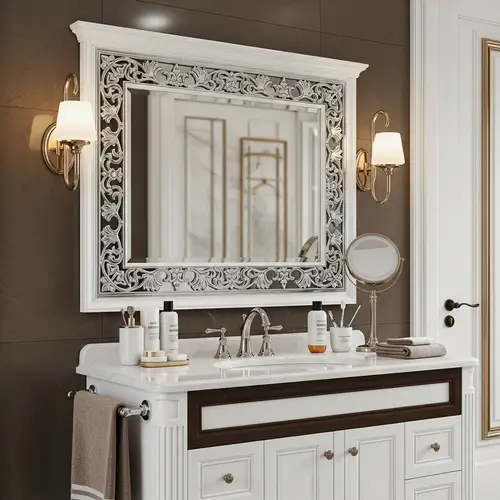 Modern Tranquil Bathroom Vanity | White & Brown Color Scheme