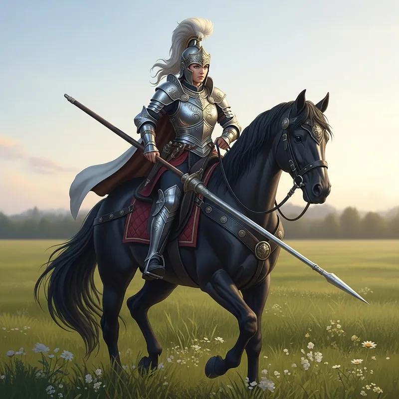 Caucasian Female Warrior on Majestic Horse in Battle Armor