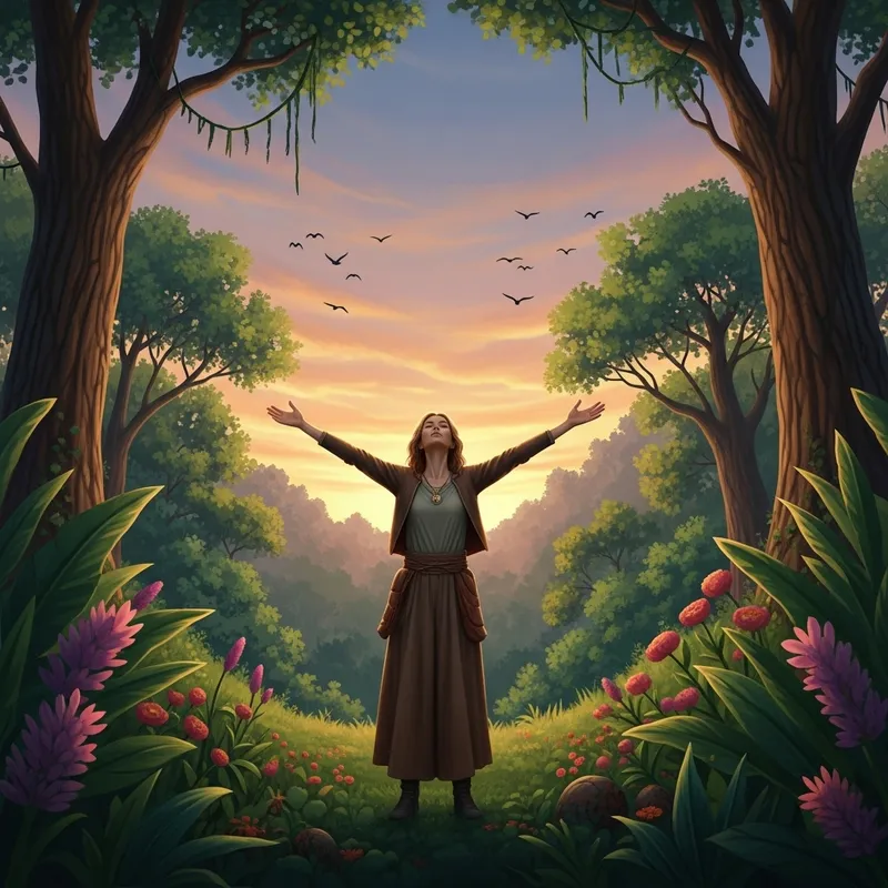 Nature Woman Spreading Her Arms in Stunning Nature Scene