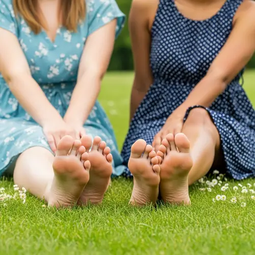 Barefoot Women in Park Relaxing on Green Grass