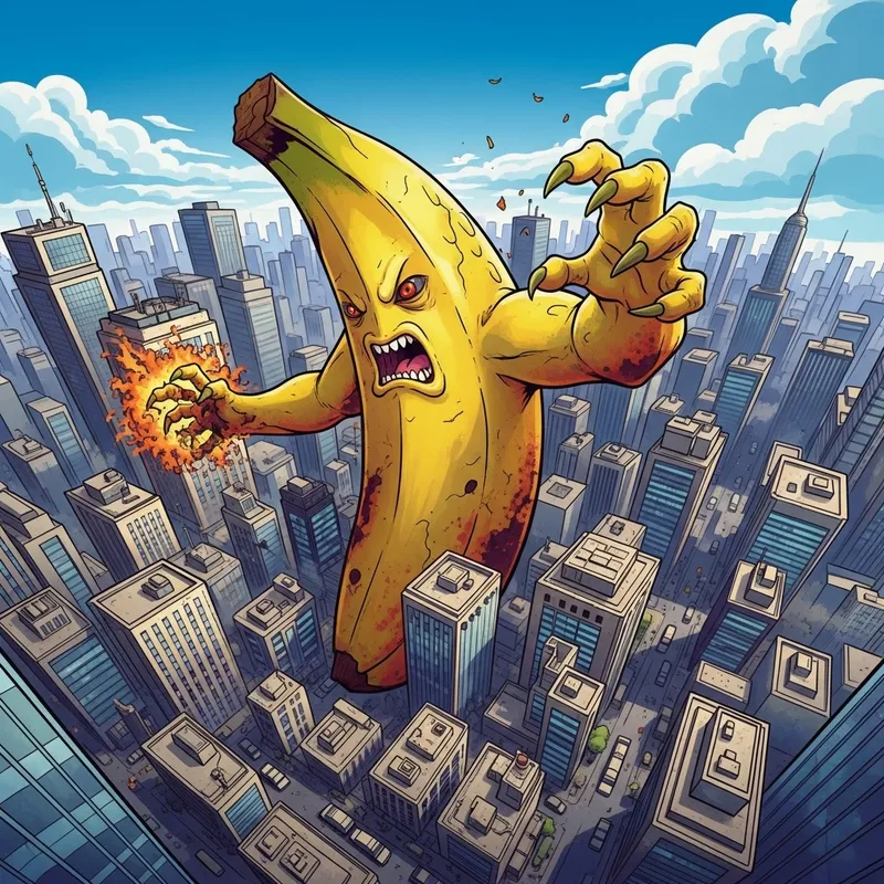 Giant Banana Monstrosity: Surreal Chaos in City