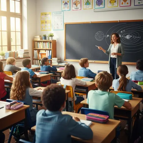 Diverse Classroom Setting: Teacher delivering lesson near blackboard