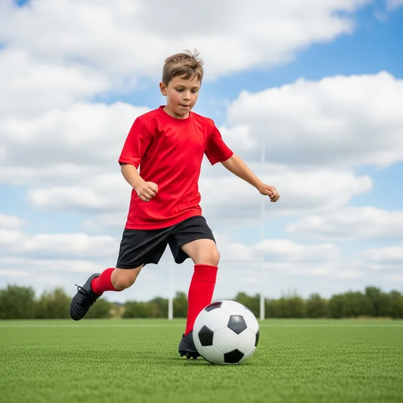 Young Child Playing Soccer on Green Field