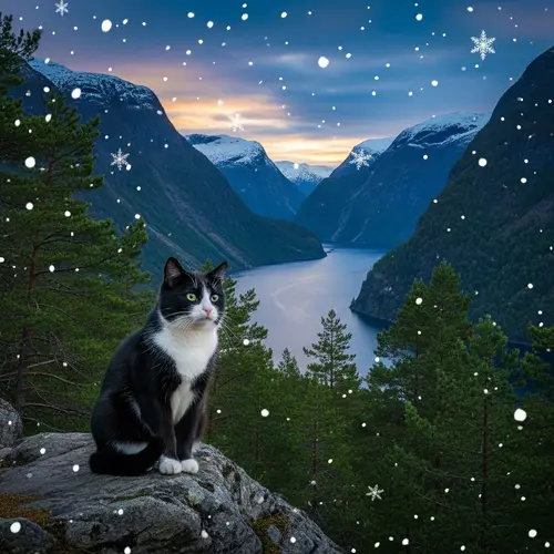 Tuxedo Cat in Nordic Landscape | Serene Fjord View