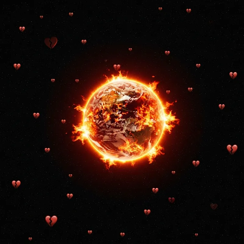 Cosmic Fire Surrounding Broken Heart Emojis on Flaming Earth