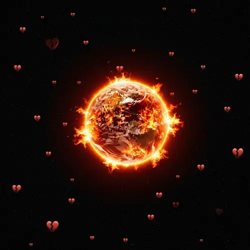Flaming Earth Surrounded by Broken Heart Emojis in Cosmic Space