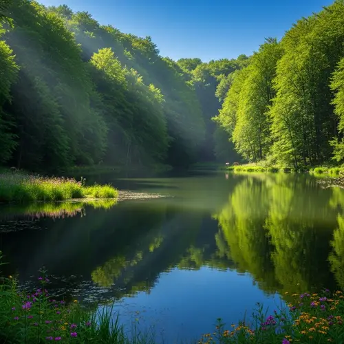 Tranquil Lake in Lush Forest | Wildlife & Sunlight Reflection