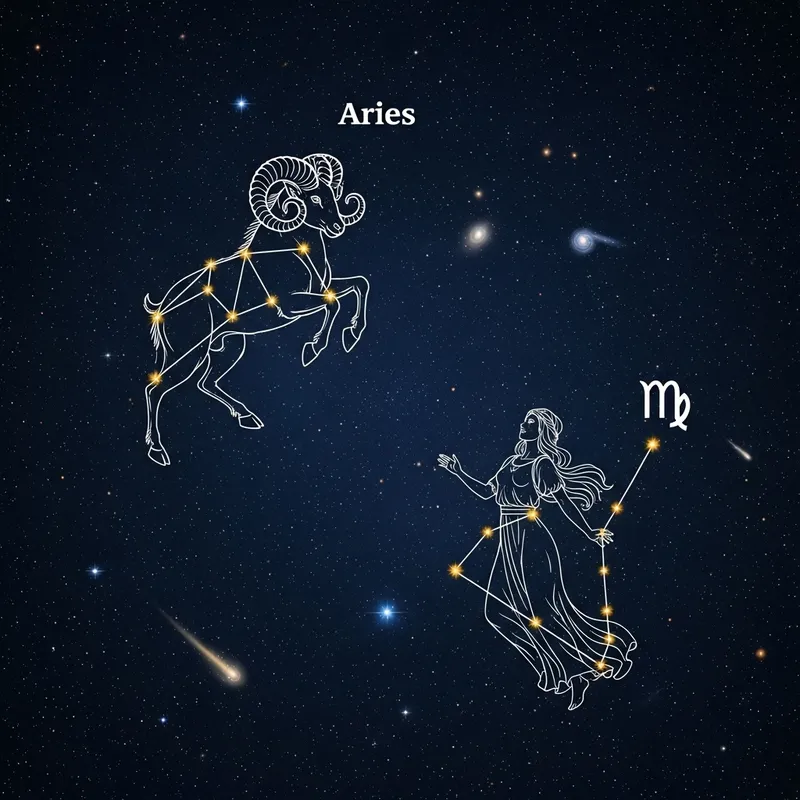 Aries and Virgo Constellations in the Celestial Night Sky