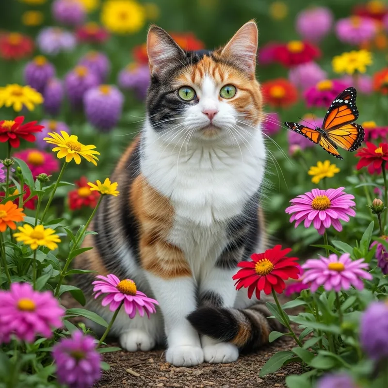 Stunning Calico Cat in Lush Garden Setting Stunning Calico Cat in Lush Garden Setting