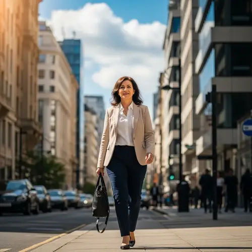 Middle-Aged Woman Walking Urban Street - Engaging Urban Scene