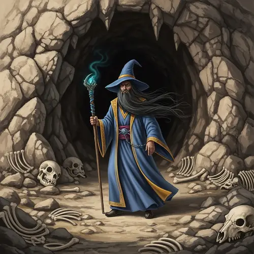 Mysterious Wizard Outside Cave with Scattered Bones