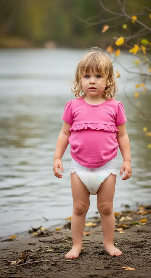 Serene River Coast: Cute Caucasian Girl in Pink Ruffled Shirt
