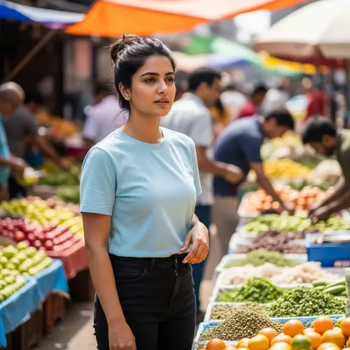 Vibrant South Asian Woman in Crowded Marketplace | Black Jeans, Blue T-shirt