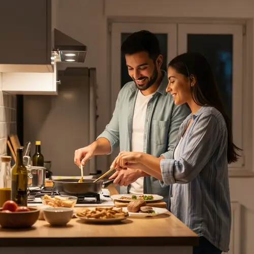 Romantic Cooking Scene with Diverse Couple | Evening Ambiance