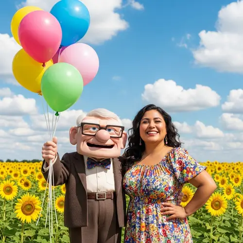 Joyful Elderly Man and Hispanic Woman in Field of Sunflowers