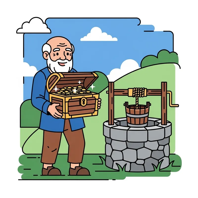 Happy Senior with Gold Coins at Stone Well Clipart