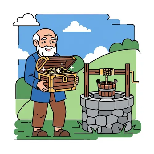 Elderly Man with Treasures by Stone Well | Gold Coins Illustration