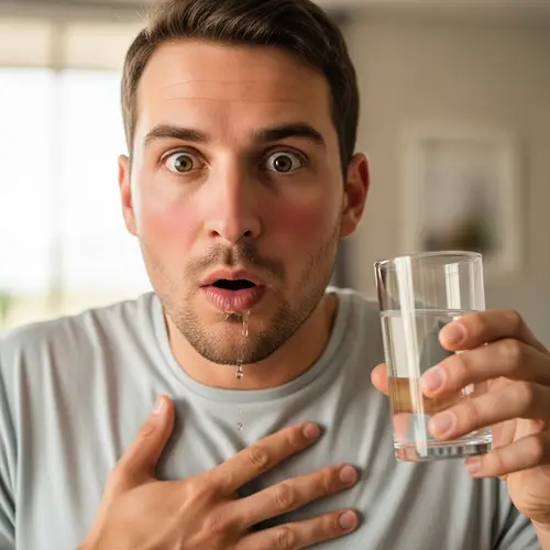 Surprised Caucasian Male Choking on Water