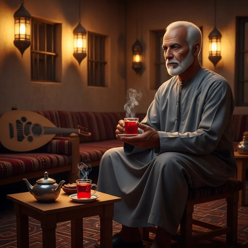 Traditional Arabic Coffee Shop: Elderly Man Sipping Red Tea