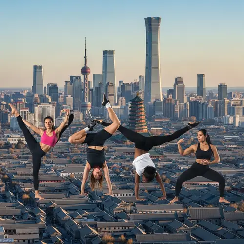 Beijing Cityscape with Dramatic Lady Stunt Poses