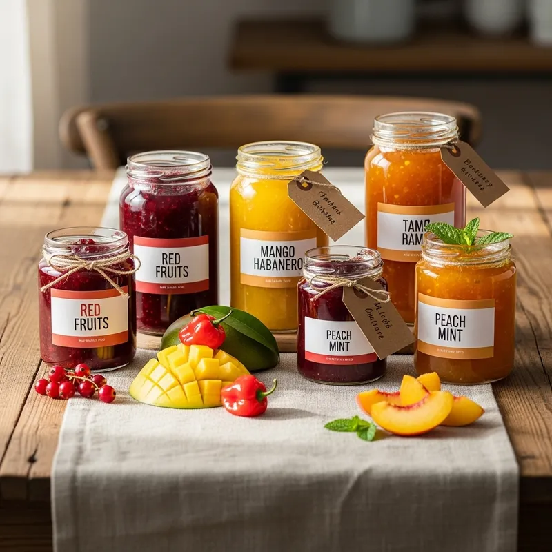 Organic Jams Assortment: Red Fruits, Mango Habanero, Peach Mint Organic Jams Assortment: Red Fruits, Mango Habanero, Peach Mint