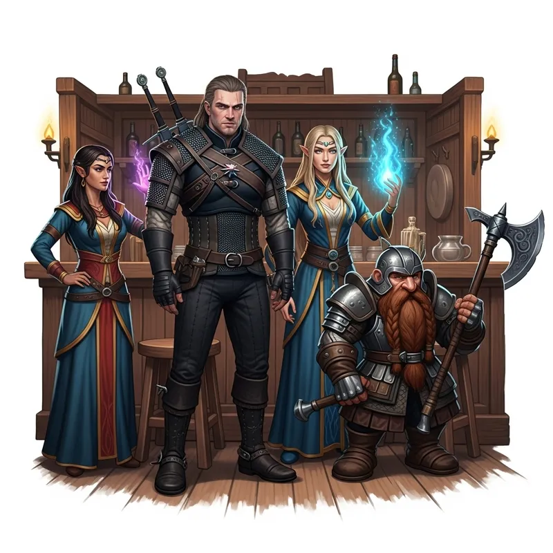 Diverse Fantasy Figure Tavern Scene: Witcher, Sorceress, Dwarf Diverse Fantasy Figure Tavern Scene: Witcher, Sorceress, Dwarf