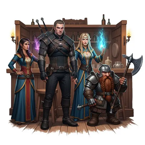 Fantasy Tavern Encounter: Witcher, Sorceress, and Dwarf in Tense Atmosphere
