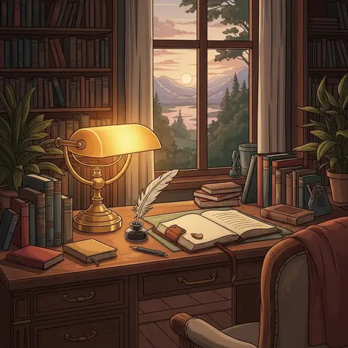 Cozy Private Study Room with Vintage Desk and Sunset View