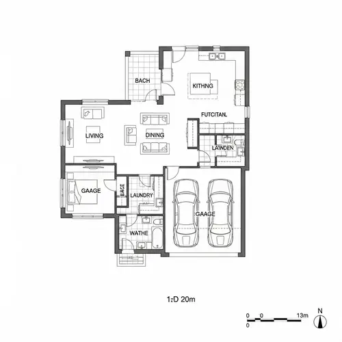 Architectural 2D Plan for House: 20m x 13m with Living Room, Dining Room, Kitchen & More