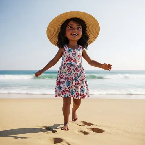 Young South Asian Girl Expressing Joy on Sandy Beach