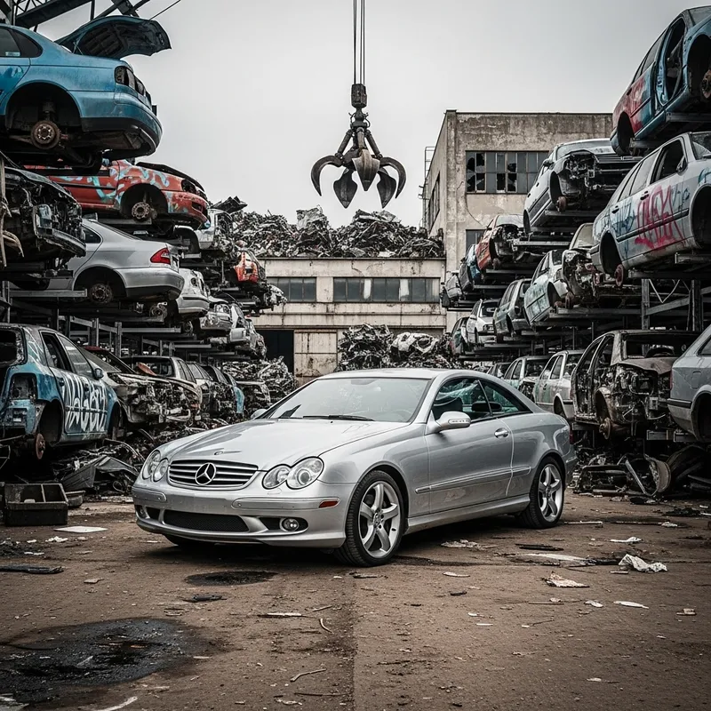 Mercedes CLK W209 on Scrapyard: Elegant Car Amidst Derelict Vehicles Mercedes CLK W209 on Scrapyard: Elegant Car Amidst Derelict Vehicles