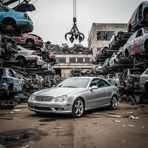 Mercedes CLK W209 at Scrapyard: Pristine Car Among Rusty Vehicles