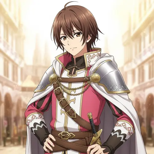 Anime Boy with Chin-Length Brown Hair in Pink Medieval Outfit