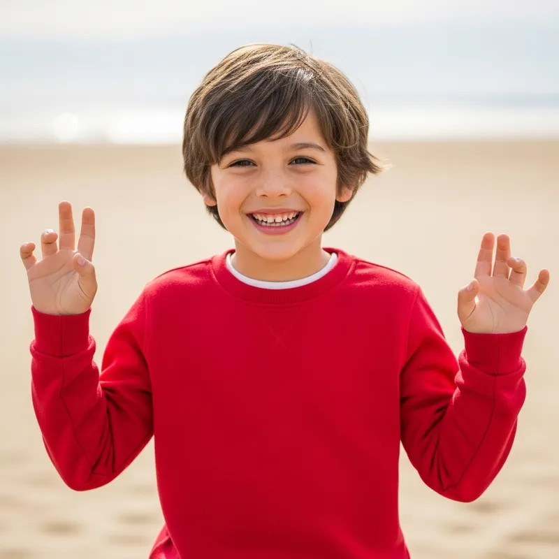 Happy 8-Year-Old Boy in Bright Red Jumper | Joyful Kid