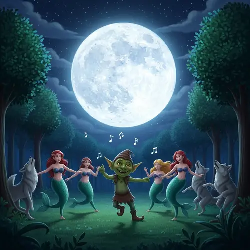 Moonlit Scene: Forest Dance with Goblins, Mermaids, and Wolves