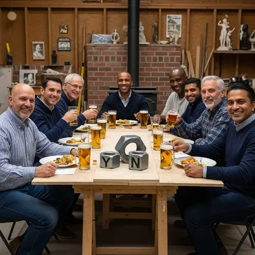 The Amber Group: Diverse Middle-aged Men Enjoying Beer & Meal